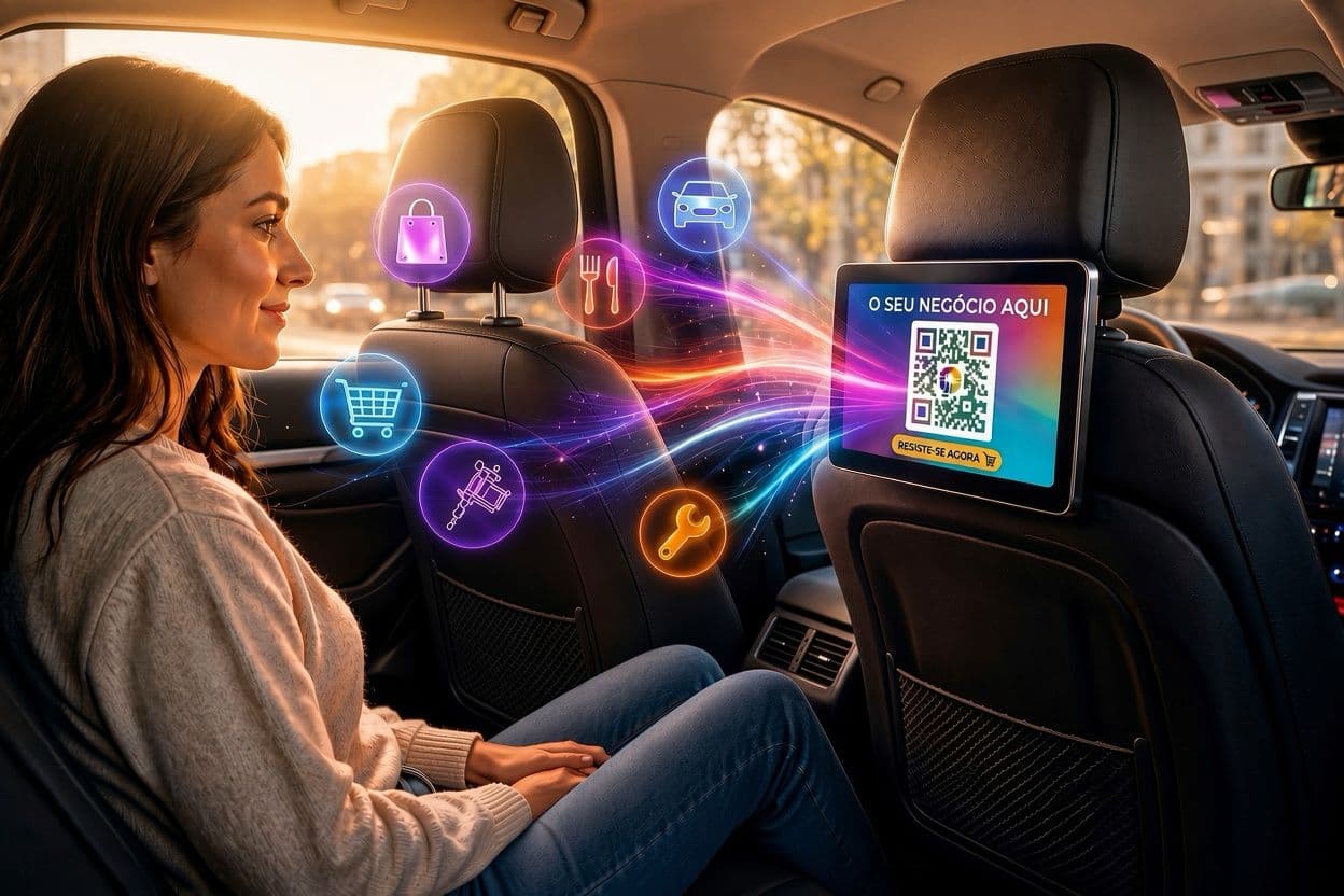 Passageira a ver um ecrã digital instalado no banco dianteiro de um veículo